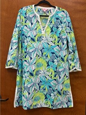 Lilly Pulitzer Tiger Lilly Tunic Mini Kaftan Dress Cotton V-Neck Lightweight XL